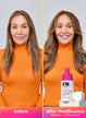 Before and after comparison of a woman's hair with K18 HeatBounce product.